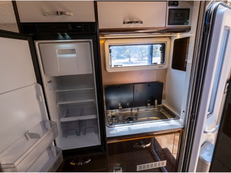 kitchen area and fridge freezer