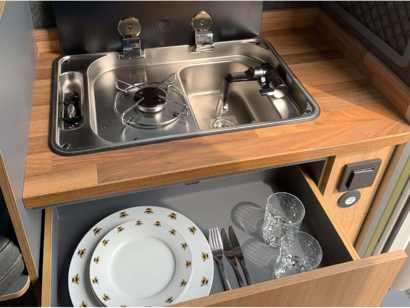 Sink, gas hob and kitchen drawer